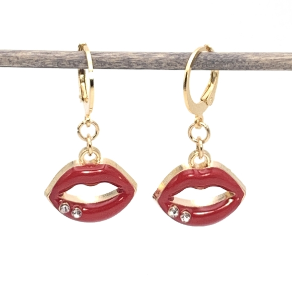 Red Lips with Rhinestones Earrings - Picture 2 of 5